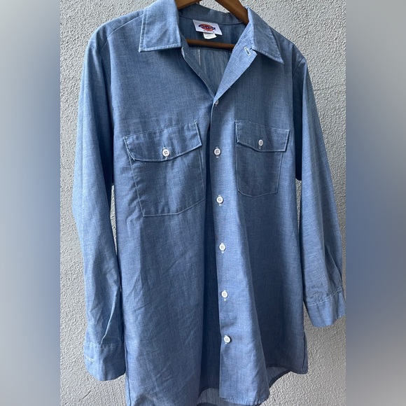Vintage 89s Dickies Men's Blue Chambray Button-Down Work Shirt L - Picture 2 of 9